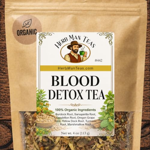 BLOOD DETOX TEA – Cleanses the Blood, Supports Liver Function & Improves Skin Conditions with Sarsaparilla Root, Burdock Root, Dandelion Root, Yellow Dock Root, Oregon Grape Root & Turmeric – Premium