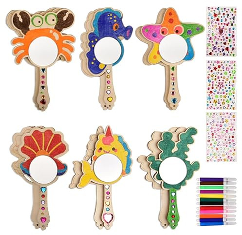 SUVEK 12 Stück Kindergeburtstag Holzspiegel für Kinder, Meerestiere Basteln, DIY Holz Bastelset Geburtstagsdeko, Handgemachter Spiegel Unvollendeter handgemalter Spiegel, Geschenk für ein Mädchen