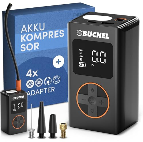 Büchel Minibatteri luftpump med 10,3 BAR/150 PSI och adapter för vanliga ventiler – batterikompressor med digital manometer – USB-C uppladdningsbar elektrisk cykelpump med powerbank och ficklampa