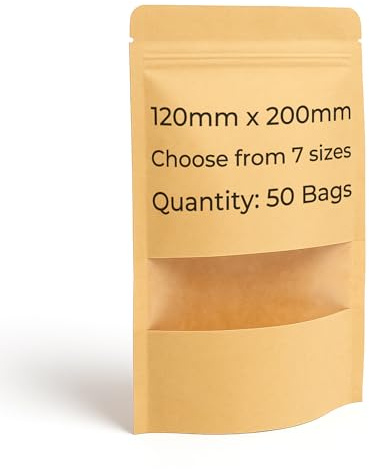 Home Range Lot de 50 sachets alimentaires en papier kraft 120 x 200 mm avec fenêtre et fermeture éclair pour noix, grains de café, feuilles de thé, épices et plus encore