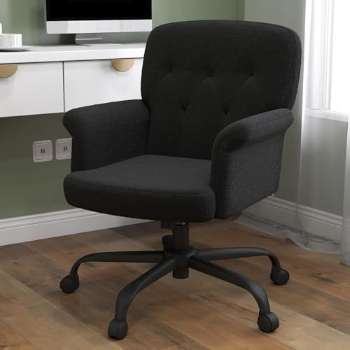 ZZH Silla de Escritorio Hogar y Oficina, Cómoda Silla Acolchada con Ruedas y Brazos, Suave Tedé de Terciopelo, Ajustable y Giratoria para Sala, Dormitorio, Maquillaje y Salón, Negro