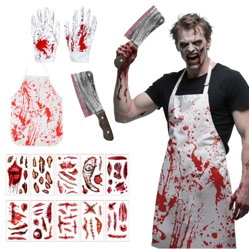 Allony Boucher Halloween, Tablier et Costume Adulte Horreur avec Déguisement, Couteau, Tatouages et Gants Ensanglantés, Accessoires Cosplay Scène Horreur