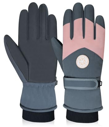 Feelorna Guanti da sci invernali da donna, impermeabili, caldi, invernali, con peluche, touch screen, guanti termici, antivento, per sci, ciclismo (grigio/rosa, taglia unica)