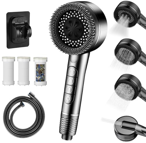 High Pressure Shower Heads, Hard Water Filter Shower Head with 1.5m Hose and Stand for Cleaner Baths–Great for Tubs & Pets,4-Spray-Mode Handheld Shower Head with On/Off Switch and Chlorine Reduction
