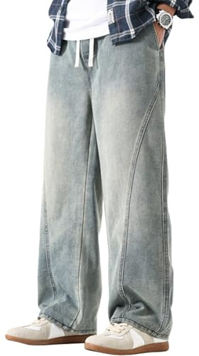 PADOLA Baggy Jeans Herren Elastische Taille mit Kordelzug Loose Fit Cargohose Y2K Vintage Jeanshosen mit 4 Taschen Flared Jeans Weites Bein Denim Arbeitshosen Casual Streetwear (2 Blau, S)