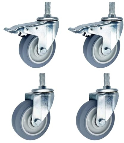 BiSaXieTa 100mm Industrie Lenkrollen, Schwerlastrollen mit M14 M16 M20 Gewindestift, TPR Gummi Transportrollen, mit Bremse, 4er-Set, für Mechanische Ausrüstung(2 Swivel+2 Brake,M14*30mm)