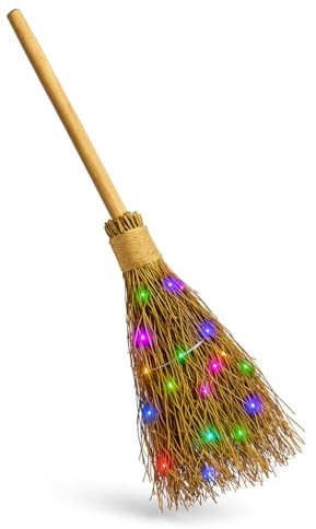 Lizzy LED Wooden Broom 1M with 45 Colourful Lights | Halloween Broomstick Illuminated Decoration & Costume Accessory | Rustic Wood & Straw Design | Battery Operated Indoor/Outdoor Use (1)
