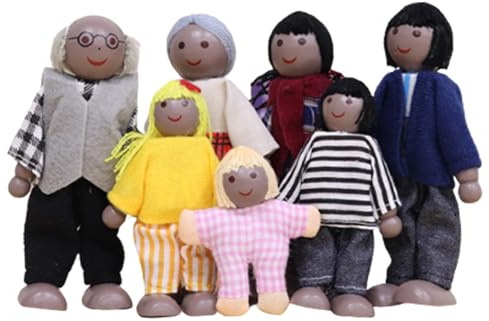 Gcroet Dollhouse People 7PCS Habillage Famille Dollhouse Poupées Mignonnes Petites Poupées en Bois Chiffres Incluant Grand-père, Grand-mère, Maman, Papa, Garçon et Fille Style 2..