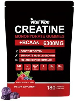 BCAA Gummies with Creatine 6300mg - High Strength EAA Essential Amino Acids - 180 Counts, 2 Month Supply - Pre Workout Energy, Muscle Strength - L-Taurine & B12 - Vegan Chewable Gummies 60 Servings