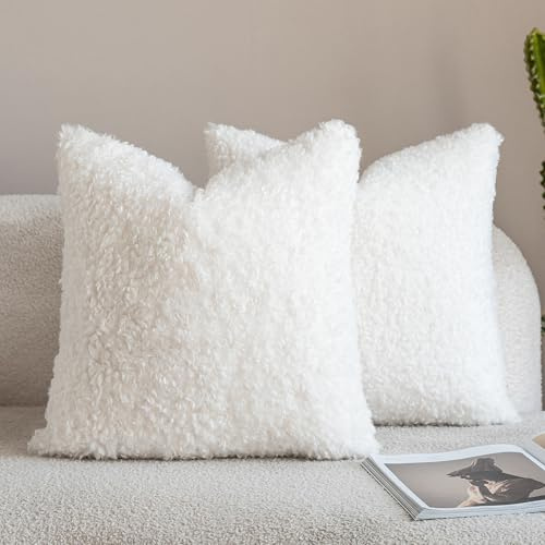 Neelvin 2er Set Dekorative Kissenbezug Teddy Wolle Künstlich Pelz Kissenbezüge Weiche Plüschkissen Kissenhülle Bouclé Zierkissenbezüge Sofakissen für Sofa Schlafzimmer Wohnzimmer 60x60cm Cremeweiße