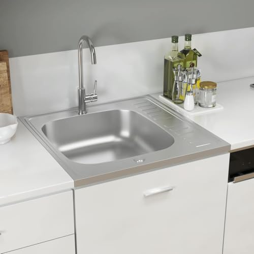 Fregadero De Cocina De Acero Inoxidable SUS con Escurridor Lateral, Resistente al Calor y Arañazos, kitchen sink, Fregadero Bajo Encimera, Apto Para Cocinas y Lavaderos, Plata, 600x600x155 mm