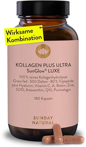 SUNDAY NATURAL® Kollagen Kapseln Plus Ultra SunGlow® Luxe – 180 Kapseln – Premium Collagen Pulver mit Vitamin C, Astaxanthin, Q10 & Hyaluron – Hergestellt aus Kollagen Typ 1 & 3 – Laborgeprüft