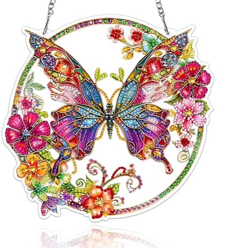 DIY 5D Diamond Painting Suncatcher Kit, Acrylic Hanging Ornament with Butterfly Floral Pattern, Chain and Tools, Gem Art Craft Supplies for Adults Beginners, Home Garden Window Wall Decor