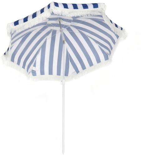 Outsunny Sombrilla de Playa con Flecos Ø180 cm y Blanco | Sombrilla de Terraza Exterior, Altura Ajustable, Inclinación 30°, Anclaje Arena, Bolsa de Transporte