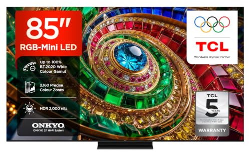 TCL 85Q7D-UK 85 Inch RGB-Mini LED TV, 4K HDR 2000 nits, 2,160 Precise colour Zones, Google TV, Dolby Vision IQ & Atmos, 2.1 Onkyo, 144Hz, Apple AirPlay 2, Alexa (2026 New Model)