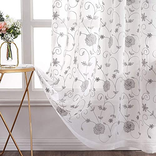MIULEE Gardinen 2er Voile Blumenstickerei Ösen 145x140cm Grau | Transparente Voile mit zarter Blumenstickerei und Ösen, lichtdurchlässig und dekorativ für Wohn- und Schlafzimmer