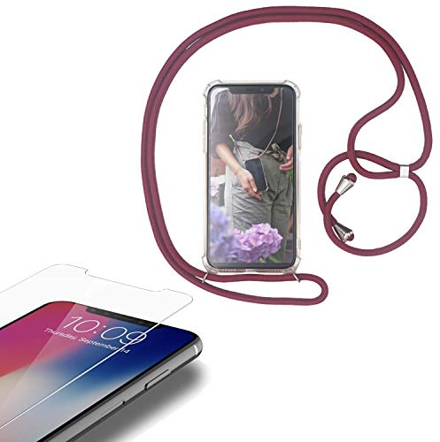 Eximmobile - Handykette kompatibel mit Huawei Y6 (2019) in Rot + Panzerfolie Schutzhülle Handy Hülle Band Seil Schnur Case Umhängen Handytasche Umhängehülle Kette Kordel Silikoncase