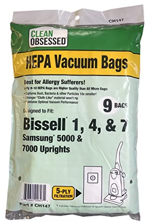 Clean Obsessed H-10 HEPA Bags Fits Bissell 1, 4 & 7 - Also fits Samsung 5000 & 7000 Uprights (9 Bag Pack)