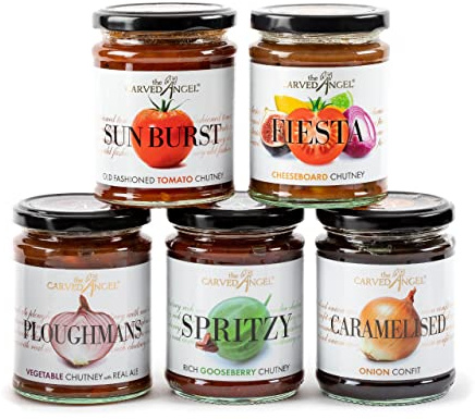 The Carved Angel - The Happy Cheeseboard Chutneys - Sunburst, Fiesta, Caramelised, Spritzy and Ploughmans - Five Outstanding Condiments, 12oz Each