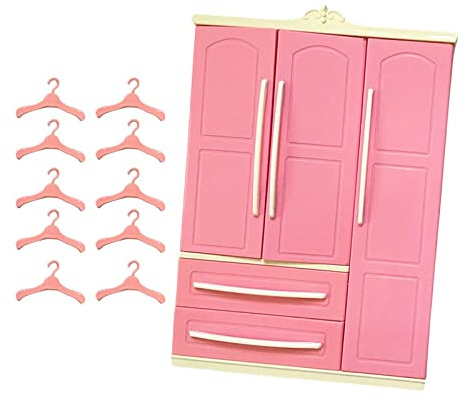 Generic Rosa Puppengarderobe, Aufbewahrungsschrank mit 10 Kleiderbügeln aus Kunststoff, Dekorativer Mini Schrank für Puppenhaus und Puppenkleidung, Einfach zu Montieren