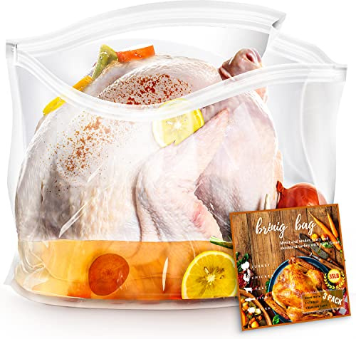 Brining Bags for Turkey, 3 Pack, 26×22, Extra Large Turkey Brine Bag Holds up 35lb, Thickened Brining Bag with 3 Cotton Strings, Double Zip-lock Seal Brine Bags for Turkey, Chicken, Beef, Ham, Pork