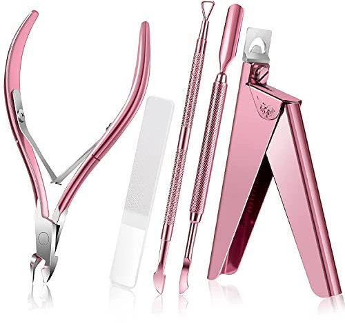 Acryl Nagelknipser Kit mit Glasnagelfeile, Nagelhautschneider und Nagelhautschieber Nagelgel Polish Remover, Edelstahl Professionelle Maniküre Pediküre Werkzeuge für Finger Zehennägel,Rosa