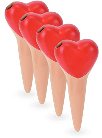 Relaxdays Tonkegel Bewässerung, 4er Set, je 70 ml, Gießhilfe für Pflanzen, Herz Design, innen & außen, terrakotta/rot