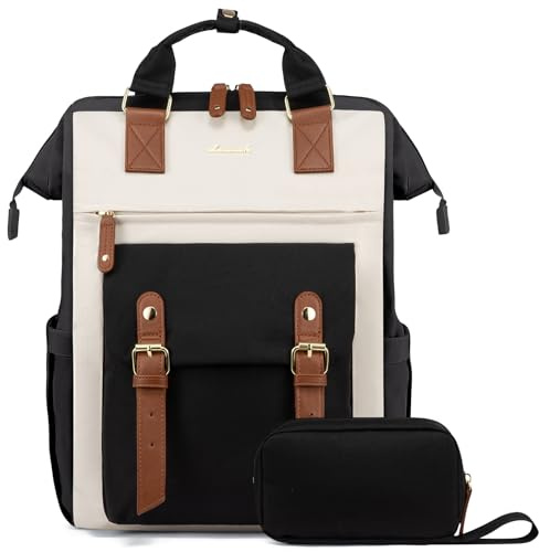 LOVEVOOK Laptop Backpack for Women, Teacher Bag Work Backpack Purse Laptop Computer Back Pack, Business Travel Backpack, Nursing College School Bookbag, 15.6 Inch, Black-Beige-Brown