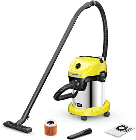 Kärcher WD 3-18 Cordless Wet/Dry Vacuum Cleaner with Filter, Joint and Wet/Dry Suction Nozzle, 225 Watt, Plastic Container: 17 L, Suction Hose: 2 m, without Battery, No Charger, Yellow