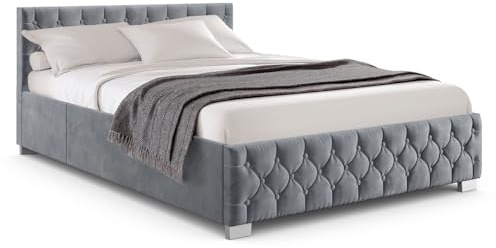 Juskys Polsterbett Nizza 140x200 cm Samt mit Stauraum, LED Beleuchtung & Lattenrost - Chesterfield Steppung & Kopfteil - Bett Bettgestell - Grau