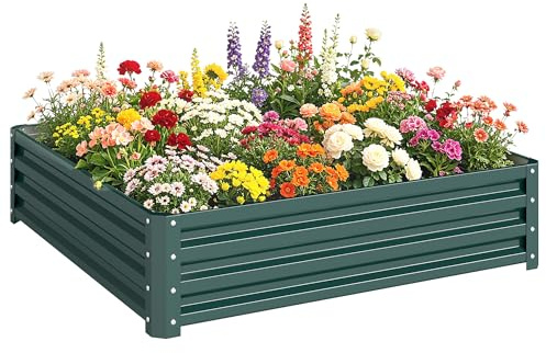 Outsunny 432L Raised Garden Bed, 120 x 120 x 30cm, Green | Square Galvanised Outdoor Planter Box, Open Bottom, Metal Raised Garden Bed Kit, for Vegetables, Flowers and Herbs