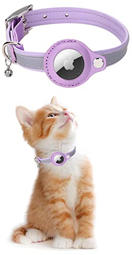 KOLACEN Leder Reflektierendes AirTag Katzenhalsband, Airtag mit Airtag Hülle und Glocke, Einstellbares Airtag Katzenhalsband mit abbrechbarer Sicherheitsschnalle für Katzen Kätzchen Welpen (Lila)