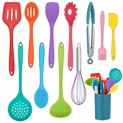 Onader Kitchen Utensil Set, 12 Piece Silicone Cooking Utensils with Holder, Heat Resistant Kitchen Tools Turner Spatula Spoon for Non-Stick Cookware, Easy Clean & Dishwasher Safe, Multicolor
