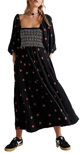 Springcmy Women Flower Embroidered Maxi Dress Lantern Sleeve Square Neck Smoked Tiered Flowy Beach Dress Sundress