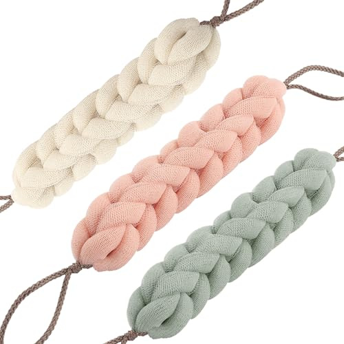 3 Piezas Esponja Trenzada Elástica, Cepillo Malla Ducha Esponja Malla Corporal Con Asas Cuerda Puf Malla para Fregar Espalda, Limpieza Herramienta Masaje