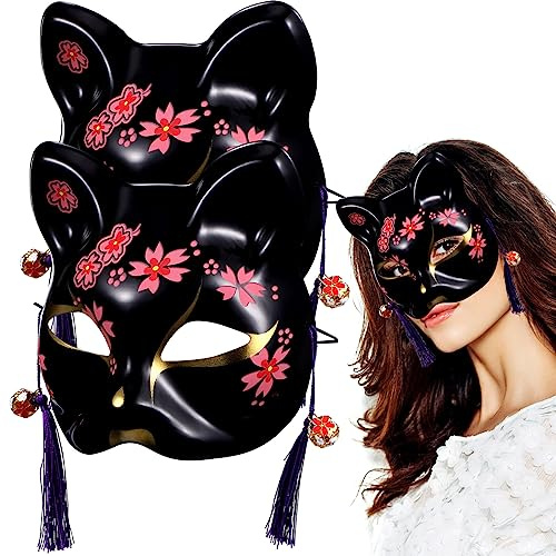 TOYANDONA Lot De 2 Masques De Kitsune Chat Japonais Demi-Masques Avec Motif Fleur De Cerisier Et Pompon Accessoire De Cosplay Pour Fête Masquée Carnaval Bal Et Soirée À Thème Animal