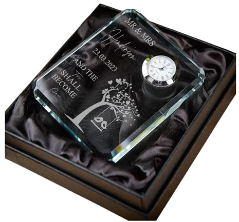 Personalised Crystal Glass Clock Gift for Wedding Anniversary Couple