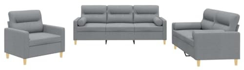 vidaXL Sofagarnitur 3-TLG., Sessel Couch mit Kissen, Sofa Wohnzimmersofa mit Armlehnen, Couchgarnitur Designsofa Sitzmöbel Polstermöbel, Hellgrau Stoff