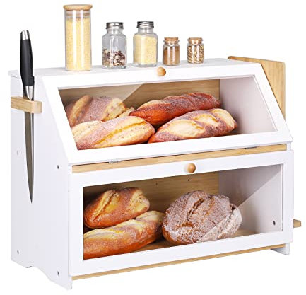 Leader Accessories Bambus Brotkasten 2 Etagen Brotbehälter mit Brotschneidebrett lebensmittelecht Brotaufbewahrung pflegeleicht 50x25x37cm Weiß