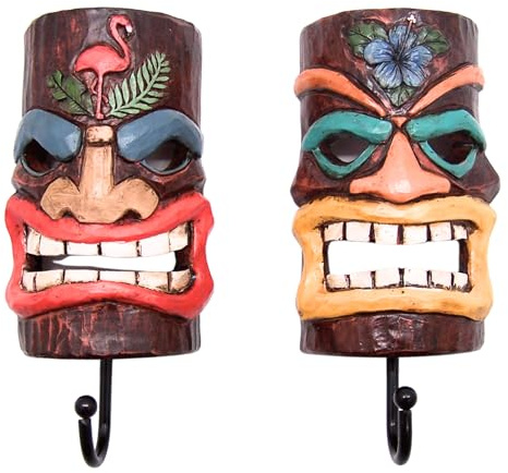 Tiki Masken-Wandhaken, Set mit 2 verschiedenen Designs, Küsteninnendesign, Wanddekoration, 16,5 cm