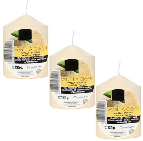 Pack de 3 Velas Aromáticas Cilíndricas Elegantes 135g, 24h Duración - Velón Taco de Cera, Decorativas y Relajantes 70x57 mm (Vainilla Cream)