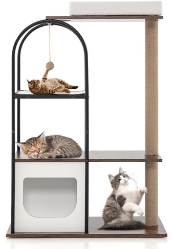 GOPLUS Árbol para Gatos de 118 cm, Marco de Metal, Cojines Extraíbles, Cama Elevada, Poste Rascador, Bandeja de Sisal, Bola Colgante, Mueble de Escalada para Gatos, Blanco