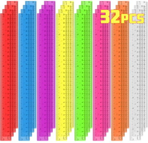 32 Pack Clear Plastic Rulers 12 Inch, Rulers Bulk for Classroom, Transparent Assorted Color Rulers with Inches & Centimeters, School Supplies for Students & Teachers, Back to School Essentials