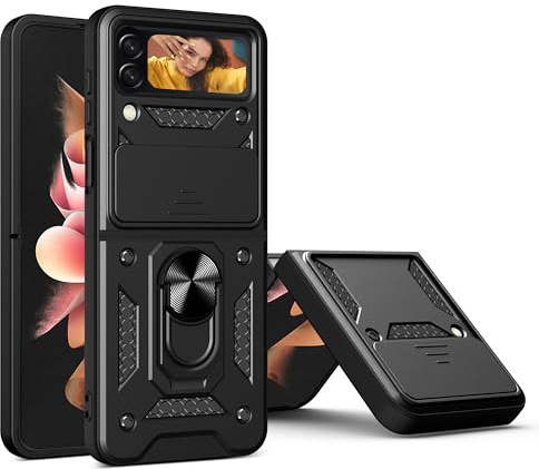 Samsung Z Flip 4 Case with Slide Camera Protector Built-in Ring Kickstand Armour Military Shockproof Protective Cover compatible with Car Mount Samsung Galaxy Z Flip 4 Case, Black