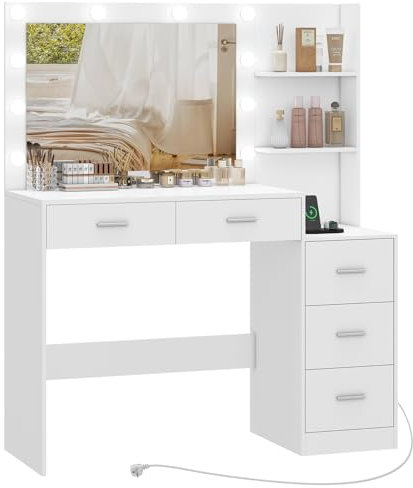 FIONESO 110cm Großer Schminktisch mit großem Spiegel und LED-Leuchten, Schminktisch mit 5 Schubladen, 2 offene Regale, Kosmetiktisch für Mädchen, Frauen und Schlafzimmer, Weiß
