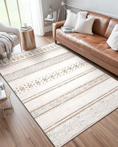 DEFYNEE Alfombra Rectangular de Pelo Corto, Geométrico, Marrón Crema, 90x150 cm