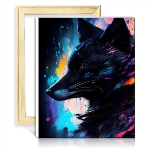 LiHEQING auf Leinwand, leicht zu malendes Kunstwerk, Schwarzer Fuchs, Portrait, DIY digitales Ölgemälde-Set auf Leinwand, Graffiti-Liebhaber-Bild, DIY-Rahmen (30 x 40 cm)