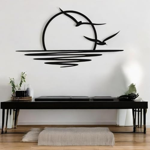 Tubibu Metall Wandkunst Sonnen-Glitzer-Wanddekoration – schwarze minimalistische Linienkunst – Sonnenaufgang-Wandbehang für Wohnzimmer, Schlafzimmer dekor Sonnenuntergangssonne und Möwe (Small)