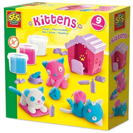SES Creative 00506 Dough Kitten Play Set - Shape Your Own Kittens with Gluten-Free Dough - Includes Cat House and Accessories - Safe and Creative Fun for Kids Aged 3+