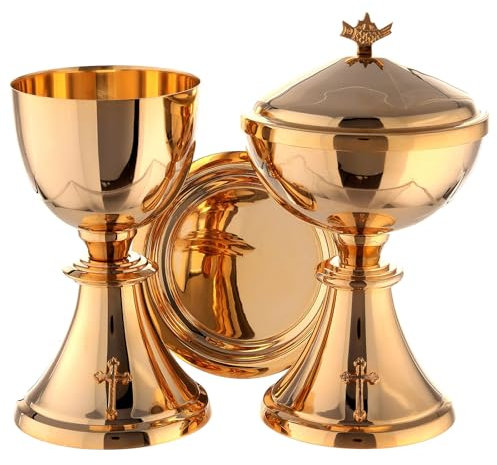 Holyart Cáliz copón y Patena Cruz aplicada latón Dorado, Cáliz y PatenaAltura cáliz: 20 cm|Altura píxide: 17 cm|Diámetro Copa Cáliz: 9 cm|Diámetro Patena: 12 cm|Diámetro píxide: 12 cm